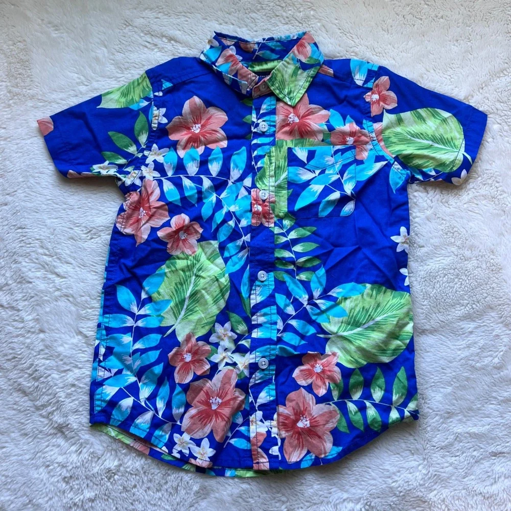The Childrens Place‎ Boys Size 5T Blue Tropical Floral Cotton Button Down Shirt